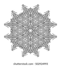 Black and white hexagonal ethnic pattern. Tribal zen tangle. Adult coloring book. Mandala ornament