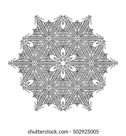 Black and white hexagonal ethnic pattern. Tribal zen tangle. Adult coloring book. Mandala ornament