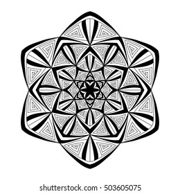 Black and white hexagonal ethnic pattern. Tribal zen tangle. Adult coloring book. Mandala ornament