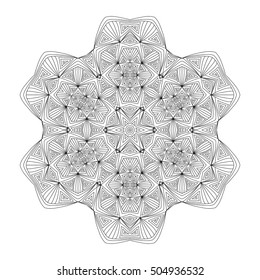 Black and white hexagonal ethnic pattern. Tribal zen tangle. Adult coloring book. Mandala ornament