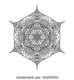 Black and white hexagonal ethnic pattern. Tribal zen tangle. Adult coloring book. Mandala ornament.