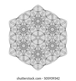 Black and white hexagonal ethnic pattern. Tribal zen tangle. Adult coloring book. Mandala ornament