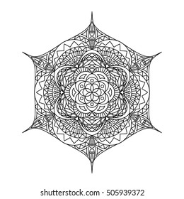 Black and white hexagonal ethnic pattern. Tribal zen tangle. Adult coloring book. Mandala ornament of delicate snowflake