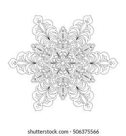 Black and white hexagonal ethnic pattern. Tribal zen tangle. Adult coloring book. Mandala ornament. Delicate snowflake