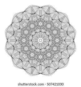 Black and white hexagonal ethnic pattern. Tribal zen tangle. Adult coloring book. Mandala ornament