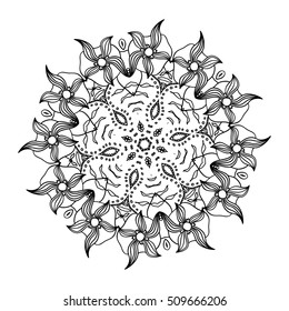 Black and white hexagonal ethnic pattern. Floral zen tangle. Adult coloring book. Mandala ornament