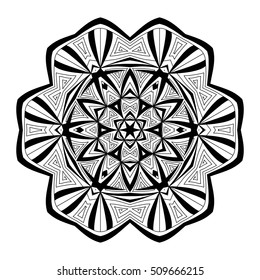 Black and white hexagonal ethnic pattern. Tribal zen tangle. Adult coloring book. Mandala ornament