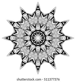 Black and white hexagonal ethnic pattern. Tribal zen tangle. Adult coloring book. Mandala ornament