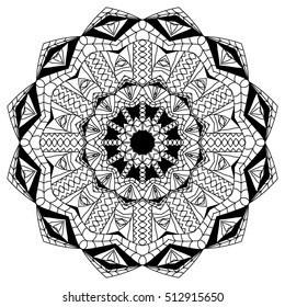 Black and white hexagonal ethnic pattern. Tribal zen tangle. Adult coloring book. Mandala ornament