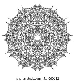 Black and white hexagonal ethnic pattern. Tribal zen tangle. Adult coloring book. Mandala ornament