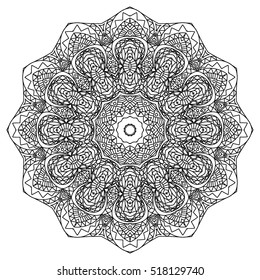 Black and white hexagonal ethnic pattern. Tribal zen tangle. Adult coloring book. Mandala ornament