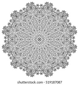 Black and white hexagonal ethnic pattern. Tribal zen tangle. Adult coloring book. Mandala ornament