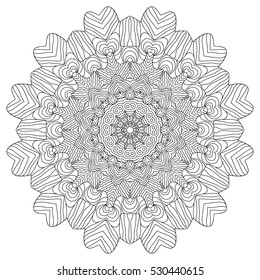 Black and white hexagonal ethnic pattern. Tribal zen tangle. Adult coloring book. Mandala ornament