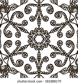 Black and white hexagonal ethnic pattern. Tribal zen tangle. Adult coloring book. Mandala ornament