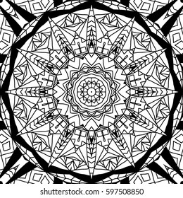 Black and White Hexagonal Geometric Pattern. Seamless Monochrome Texture. Adult Coloring Book. Mandala ornament