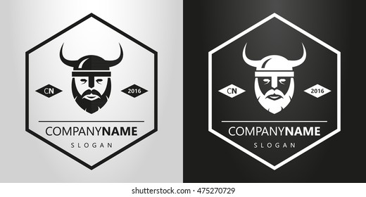 black and white hexagonal logo with the face of a Viking in a horned helmet