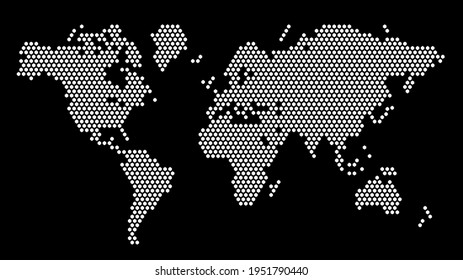 Black and white hexagonal pixel world map. Vector illustration planet Earth continents hexagon map dotted mosaic. Administrative border, land composition.