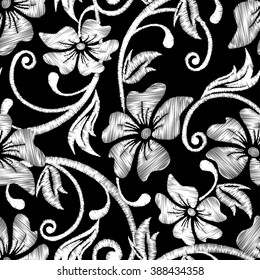 Black and white hibiscus tropical embroidery floral seamless pattern .
