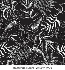 black and white hibiscus tropical floral and leaves print. Seamless vector pattern in monochrome. For girls teen boys fashion swimwear and stationary. Sketchy cool modern hand drawn sketch