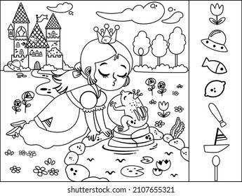 Black and white hidden object game on The Frog Prince story theme. Vector illustration for little children.
