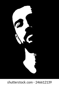 Black and white high contrast portrait of confident young man with head lean back.  Easy editable layered vector illustration. 