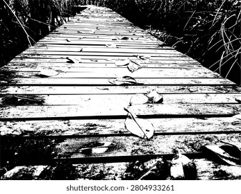 Black and white high contrast stencil of fallen leaves on a wooden boardwalk bridge in a mangrove forest ecosystem graphic illustration