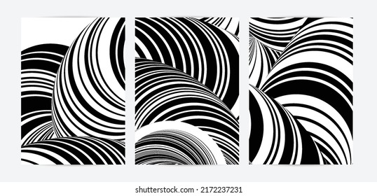 Black and white high contrast striped swirly flyer template. Abstract 3D computer modeled tube warping shape. Science geometry. Futuristic wave. 