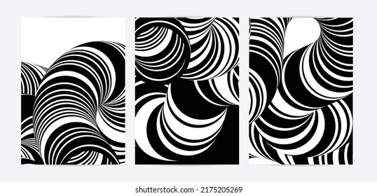 Black and white high contrast striped swirly flyer template. Abstract 3D computer modeled tube warping shape. Science geometry. Futuristic wave. 