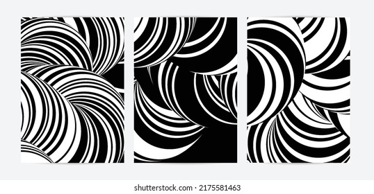 Black and white high contrast striped swirly flyer template. Abstract 3D computer modeled tube warping shape. Science geometry. Futuristic wave. 