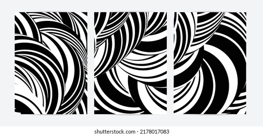 Plantilla de volante giratorio rayado de alto contraste en blanco y negro. Resumen de la forma de deformación del tubo modelado por computadora 3D. Geometría científica. Ola futurista. 
