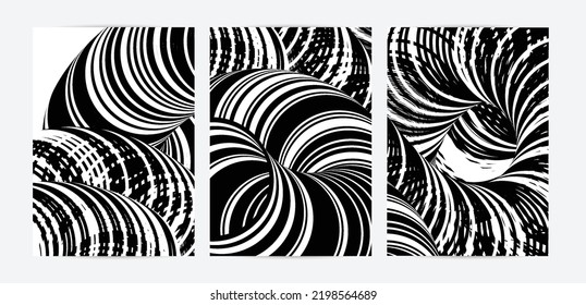 Black and white high contrast striped swirly flyer template. Abstract 3D computer modeled tube warping shape. Science geometry. Futuristic wave. 