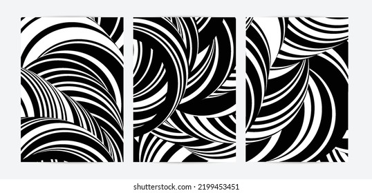 Black and white high contrast striped swirly flyer template. Abstract 3D computer modeled tube warping shape. Science geometry. Futuristic wave. 