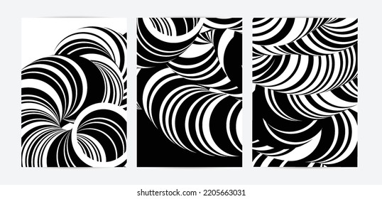 Black and white high contrast striped swirly flyer template. Abstract 3D computer modeled tube warping shape. Science geometry. Futuristic wave. 