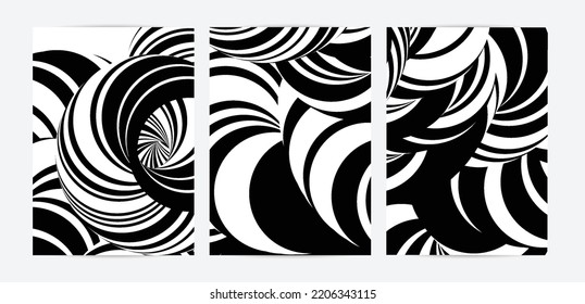 Black and white high contrast striped swirly flyer template. Abstract 3D computer modeled tube warping shape. Science geometry. Futuristic wave. 