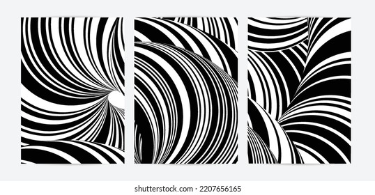 Black and white high contrast striped swirly flyer template. Abstract 3D computer modeled tube warping shape. Science geometry. Futuristic wave. 