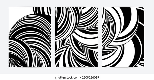 Black and white high contrast striped swirly flyer template. Abstract 3D computer modeled tube warping shape. Science geometry. Futuristic wave. 