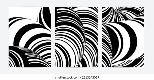 Black and white high contrast striped swirly flyer template. Abstract 3D computer modeled tube warping shape. Science geometry. Futuristic wave. 