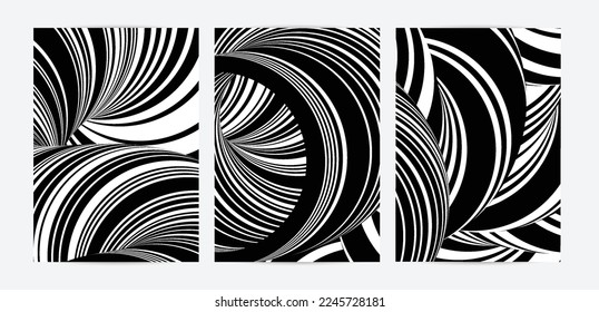 Black and white high contrast striped swirly flyer template. Abstract 3D computer modeled tube warping shape. Science geometry. Futuristic wave. 