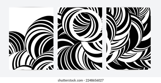 Black and white high contrast striped swirly flyer template. Abstract 3D computer modeled tube warping shape. Science geometry. Futuristic wave. 