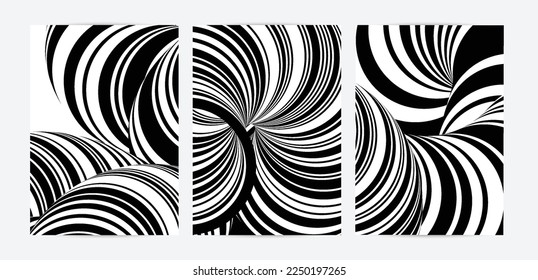Black and white high contrast striped swirly flyer template. Abstract 3D computer modeled tube warping shape. Science geometry. Futuristic wave. 