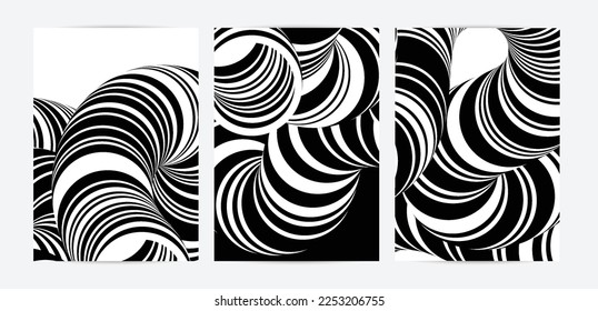 Black and white high contrast striped swirly flyer template. Abstract 3D computer modeled tube warping shape. Science geometry. Futuristic wave. 