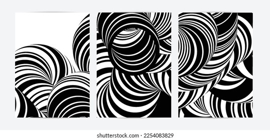 Black and white high contrast striped swirly flyer template. Abstract 3D computer modeled tube warping shape. Science geometry. Futuristic wave. 