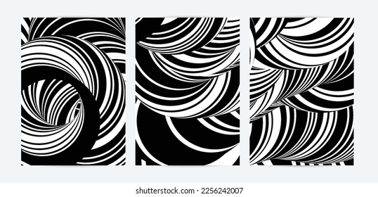 Black and white high contrast striped swirly flyer template. Abstract 3D computer modeled tube warping shape. Science geometry. Futuristic wave. 