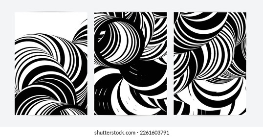Black and white high contrast striped swirly flyer template. Abstract 3D computer modeled tube warping shape. Science geometry. Futuristic wave. 