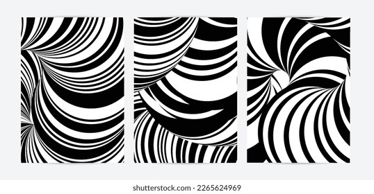 Black and white high contrast striped swirly flyer template. Abstract 3D computer modeled tube warping shape. Science geometry. Futuristic wave. 