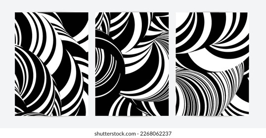 Black and white high contrast striped swirly flyer template. Abstract 3D computer modeled tube warping shape. Science geometry. Futuristic wave. 