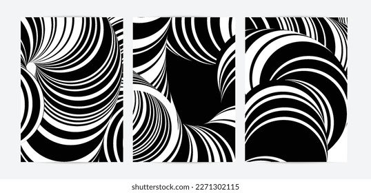 Black and white high contrast striped swirly flyer template. Abstract 3D computer modeled tube warping shape. Science geometry. Futuristic wave. 