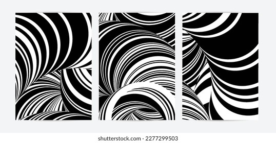 Black and white high contrast striped swirly flyer template. Abstract 3D computer modeled tube warping shape. Science geometry. Futuristic wave. 