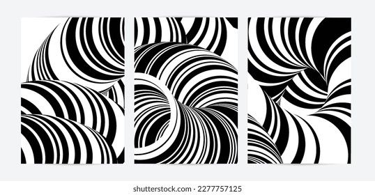 Black and white high contrast striped swirly flyer template. Abstract 3D computer modeled tube warping shape. Science geometry. Futuristic wave. 