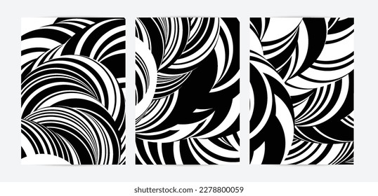 Black and white high contrast striped swirly flyer template. Abstract 3D computer modeled tube warping shape. Science geometry. Futuristic wave. 